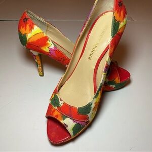 Audrey Brooke Floral Peep-Toe Heels in Red, Yellow and Green. 7 M